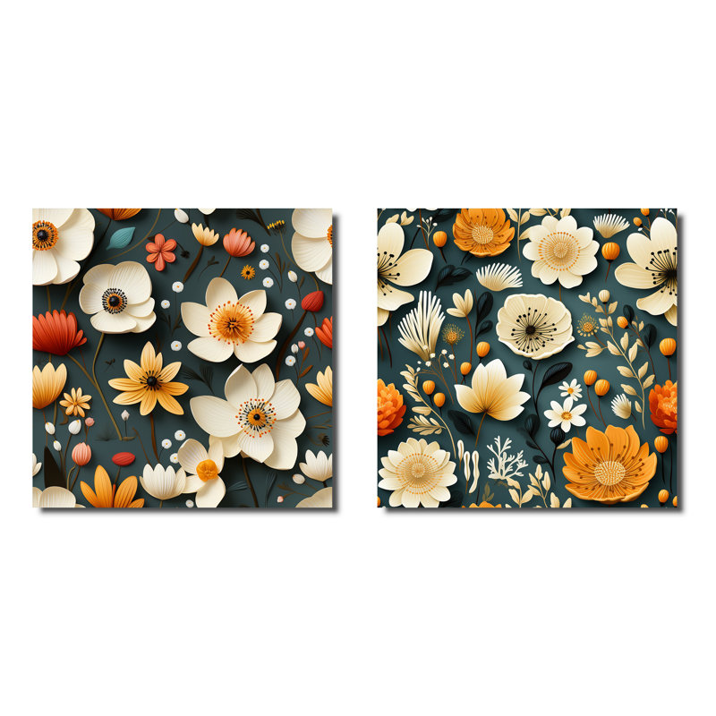 Demetra - Ensemble de 2 collages carrés botaniques abstraits, H 30 po x l 61 po, Toile tendue