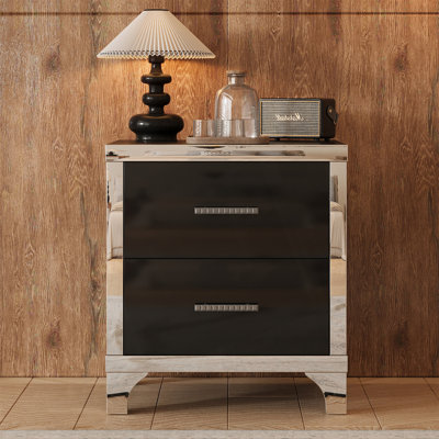 Elegant High Gloss Nightstand With Metal Handle,Mirrored Bedside Table With 2 Drawers