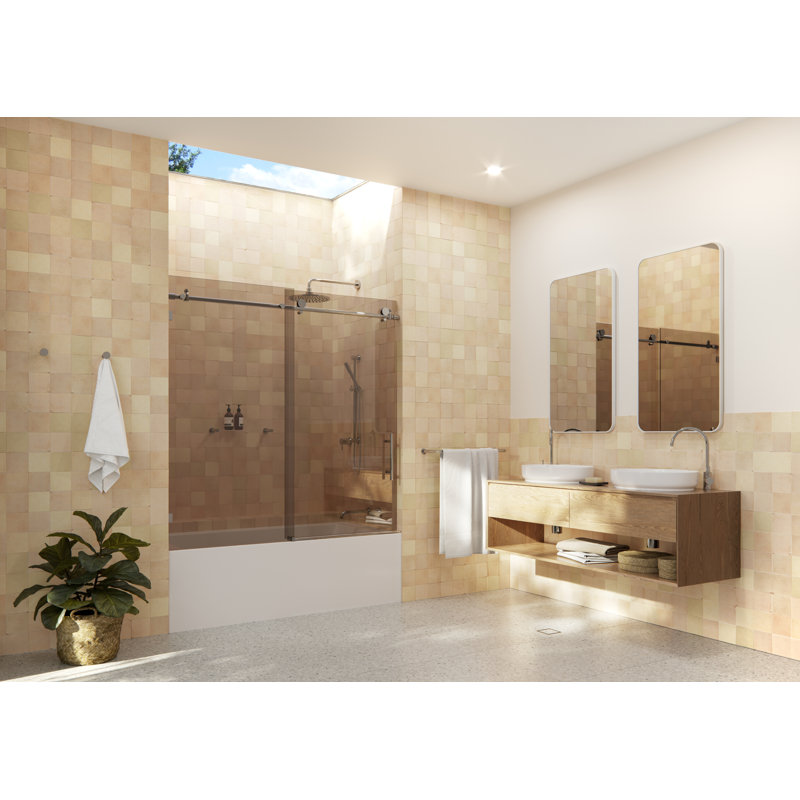 Equinox 56 - 60 in. x 60 in. Fully Frameless Bronze Tinted Sliding Bathtub Door, Chrome