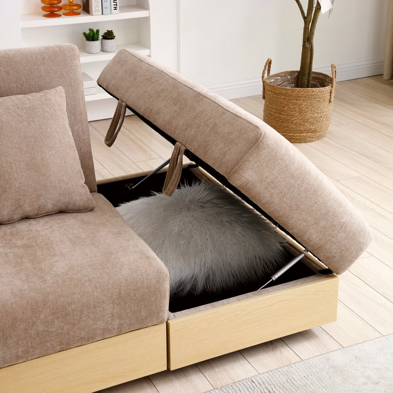 Canapé-lit convertible avec repose-pieds de rangement, table rabattable et accoudoirs réversibles pour des espaces de vie polyvalents