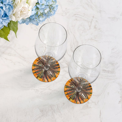 Pheasant Feathers Butternut Vegan Leather Round Coasters