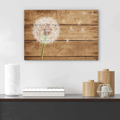 Dandelion on Brown Wood Effect Background Rustic Pictures Large Wrapped Canvas Print Wall Art