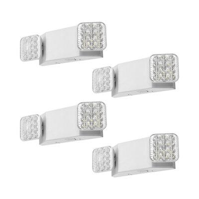 4-Pack Commercial LED Emergency Light Fixtures with Battery Backup, Dual Adjustable Heads, AC 120-277V, White ABS Housing