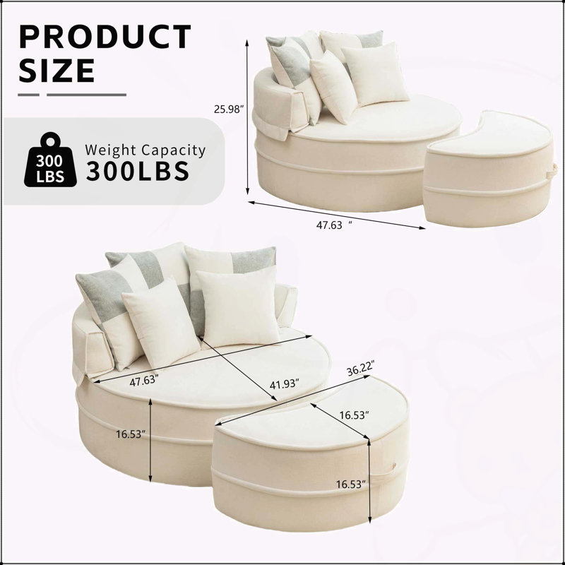 Oversized Round Accent Barrel Chair with 5 Pillows, Beige