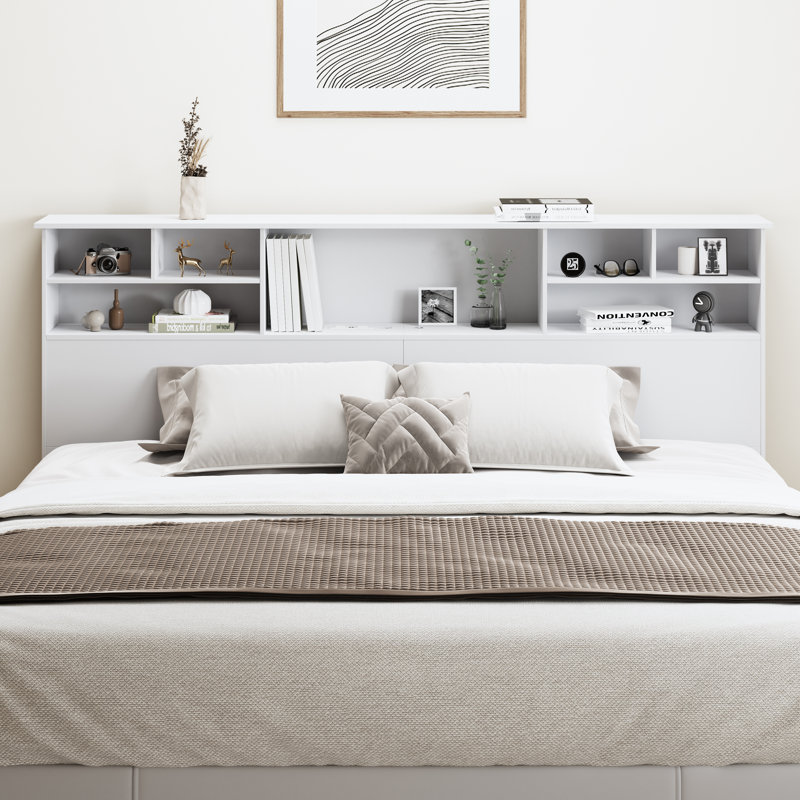 Modern Wooden Bookcase Headboard with LED Light and Charging Station - Queen, White, Queen