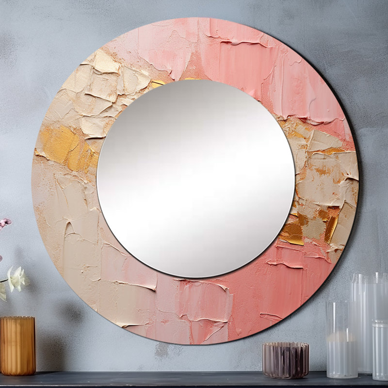 «Rustam Beige Gold Minimalisme Poteries», grand miroir à spirales abstraites, miroir mural décoratif rond moderne, impression d'art en métal