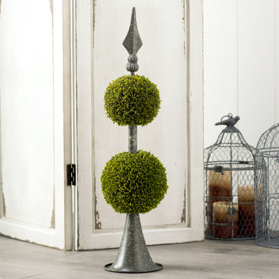 D7x26.5" Artificial Two-Tiered Boxwood Sphere Topiary on Metal Spire
