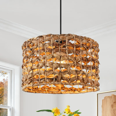 Luminaire suspendu en rotin naturel tissé à la main à 1 lumière pour îlot de cuisine Doiker