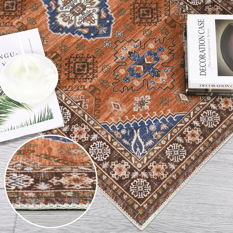 Machine Washable Rugs Vintage Non-Slip Low Pile Rubber Backing Area Rug for Living Room Bedroom Kitchen Dining Room Dorm and Bedside Decor