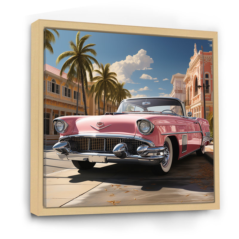 Voiture rétro classique rétro sur toile rose, H 16 po x l 16 po x P 1 po, Cadre naturel flottant