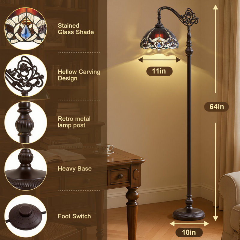 Lampadaire moderne de style Tiffany de 162,5 cm (64 po) avec abat-jour en vitrail de 28 cm (11 po), interrupteur au pied, éclairage d'ambiance pour chambre, salon, bureau ou coin lecture