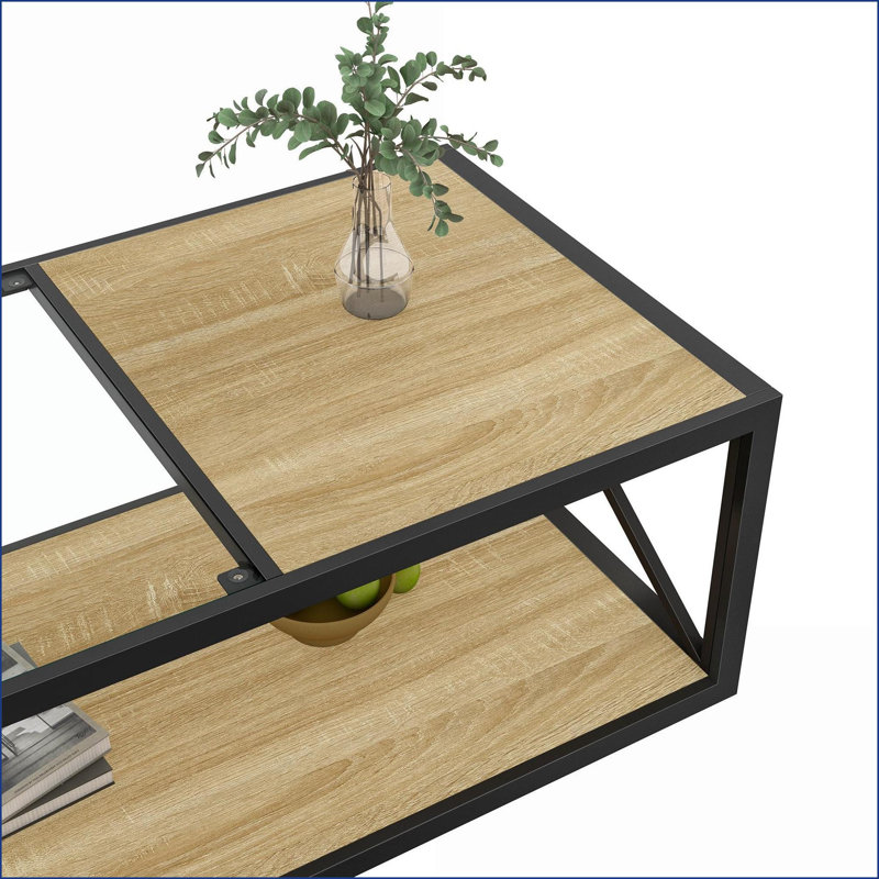 Verre trempé Table basse en bois naturel aggloméré pour le salon / la chambre à coucher, facile à nettoyer et amp; Vaste espace de rangement