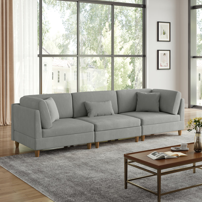 Canapé modulaire rembourré en velours côtelé 3 pièces Seemab, Gris clair