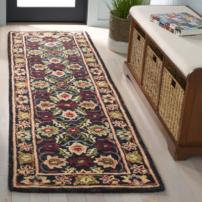 Tapis oriental en laine et coton Saule touffeté à la main noir / ivoire