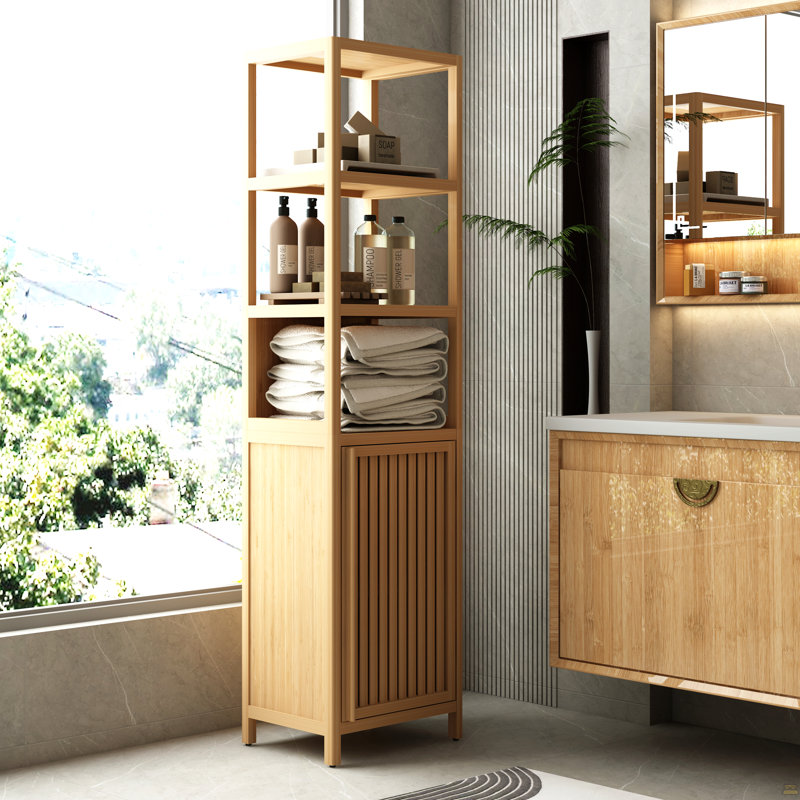 Armoire de rangement haute et mince avec porte à volets et 3 étagères, armoire autoportante en lin, Brun