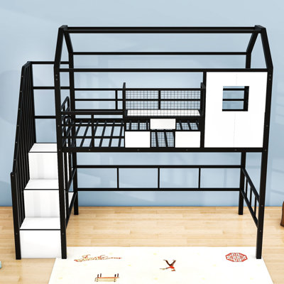 Twin Metal Loft Bed With Shelves And Storage Box, Roof Design