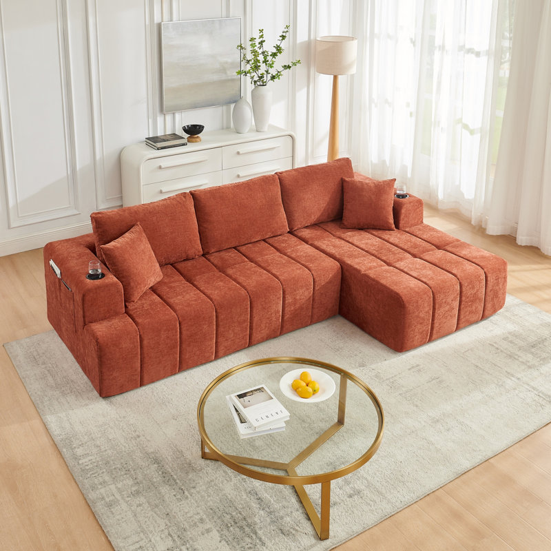 Canapé modulaire 108 po en forme de L en chenille avec porte-gobelets, poches latérales et sans assemblage, Orange