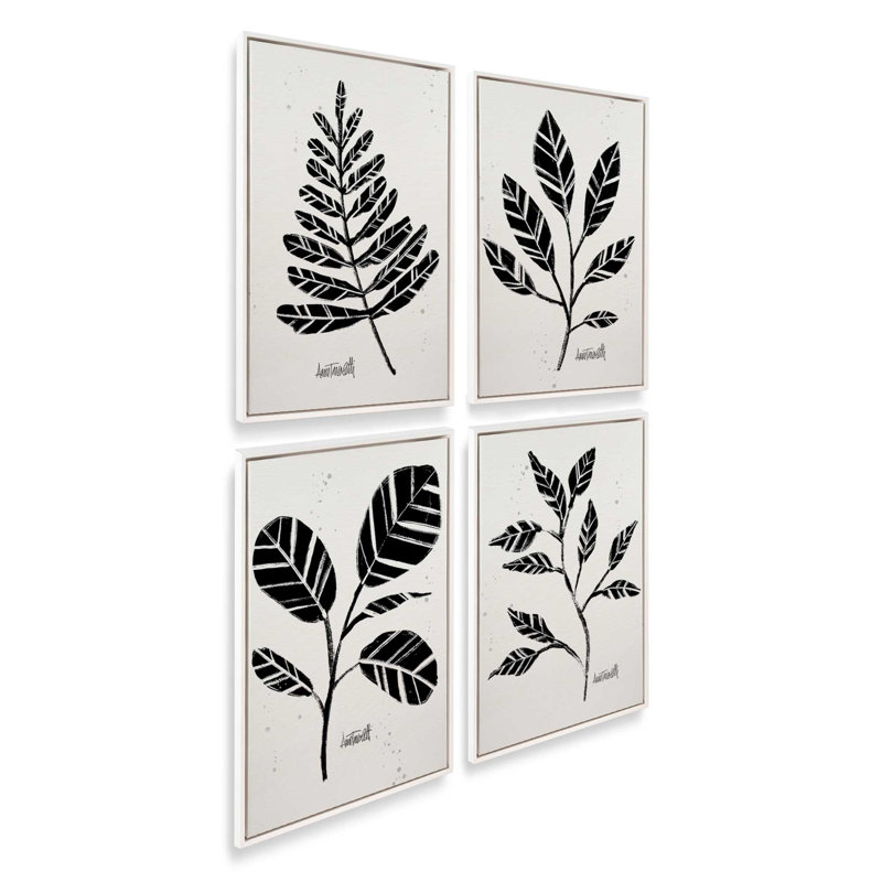 Ensemble de 4 botaniques noirs et blancs, Cadre flottant blanc opaque, H 13 po x l 36 po