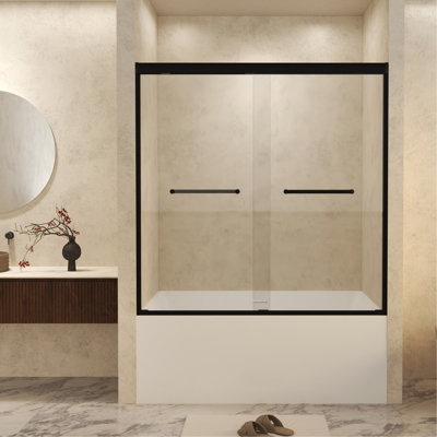 Verre trempé 56 x 60 po x H 60 po avec film antidéflagrant, porte de douche coulissante double en aluminium, 1/4 po (6 mm), poignée en acier inoxydable, noir mat