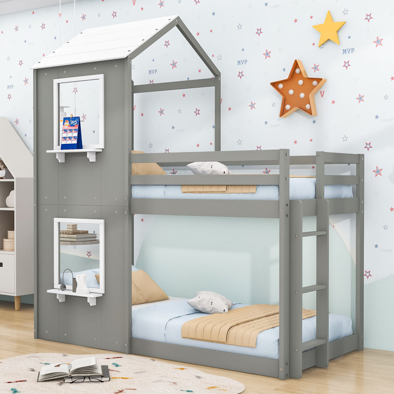 Playhouse Inspired Twin Over Twin Bunk Bed with Ladder, Gray