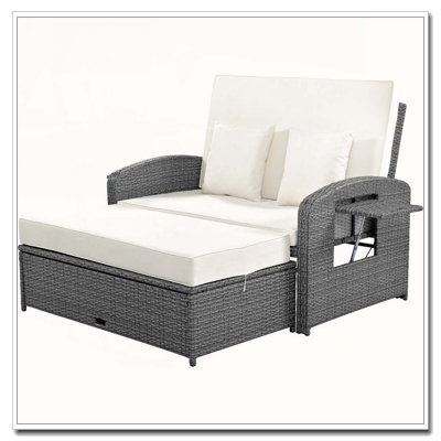 PE Wicker Rattan Double Chaise Lounge, 2-Person Reclining Daybed with Adjustable Back and Cushions