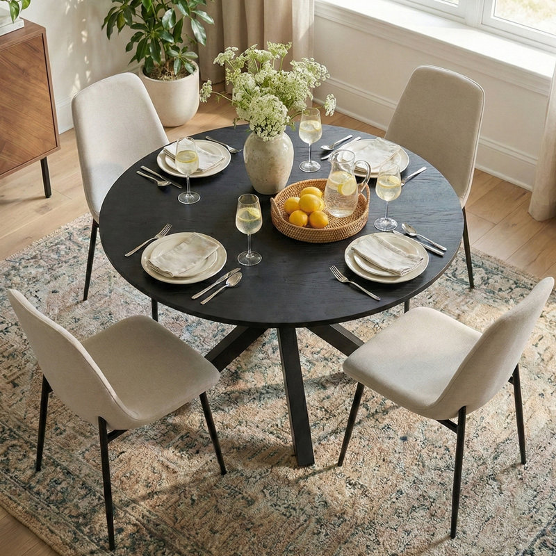 Folmar 39.5" W 5-Piece Round Dining Set with Chenille Chairs, Beige