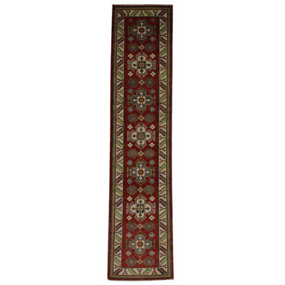 Tapis rouge / jaune / vert à motif oriental en laine / coton 2 pi 4 po x 10 pi 10 po Oriental