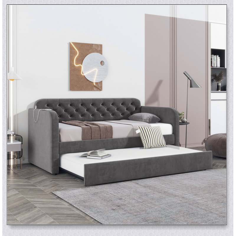 Lit de jour rembourré avec couchette et conception de chargement USB, Gris foncé