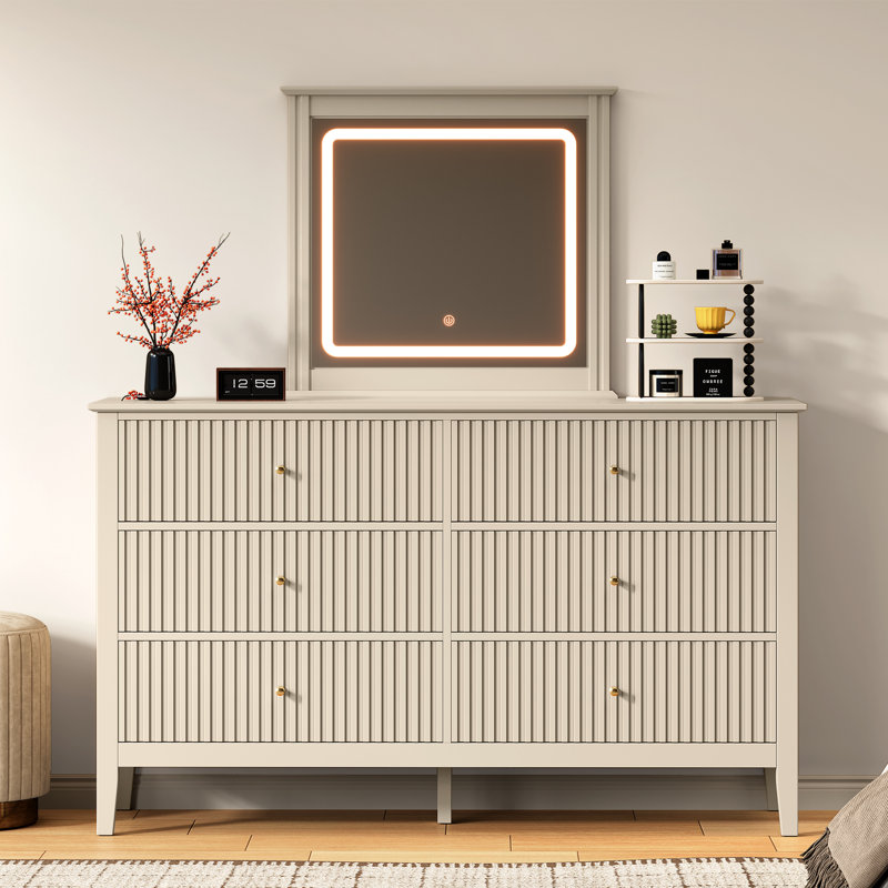 6 Drawer Dresser With Lighted Mirror, Beige