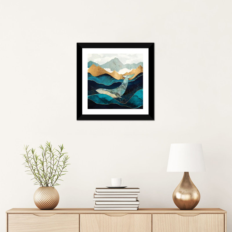 Baleine bleue - reproduction d'art, Blanc, H 16 po x l 16 po x p 1 po, Papier encadré noir