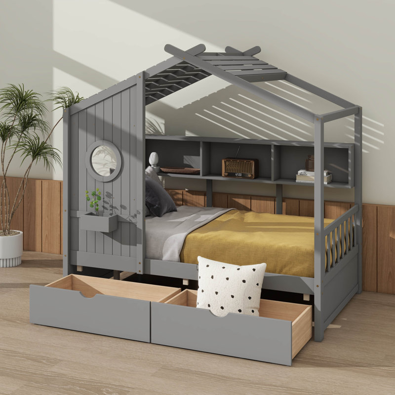 Lit de style maison en bois avec 2 tiroirs et tablette de rangement, gris