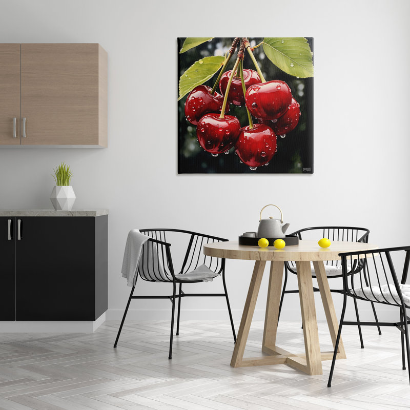 Art mural sur toile, "Cerises avec gouttelettes d'eau" par RB, H 36 po x l 36 po