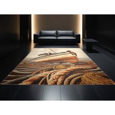 Soft Plush Ehlers Fishing Boat Rustic Area Rug in Beige – Beige Binding