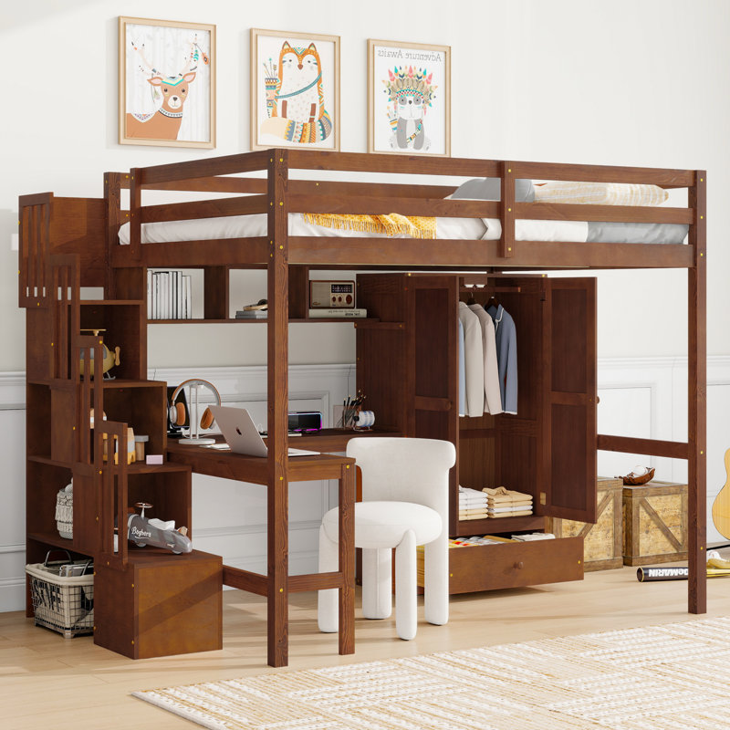 Kids Full Solid Wood Loft Bed with Desk, Charging Station, Bookshelves and Wardrobe, Walnut