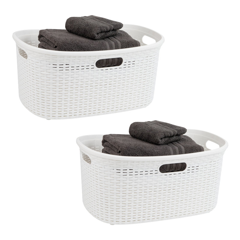  40L Laundry Basket, Clothes Hamper, Wicker Design, Plastic, 23"L x 14.5"W x 11"H, White
