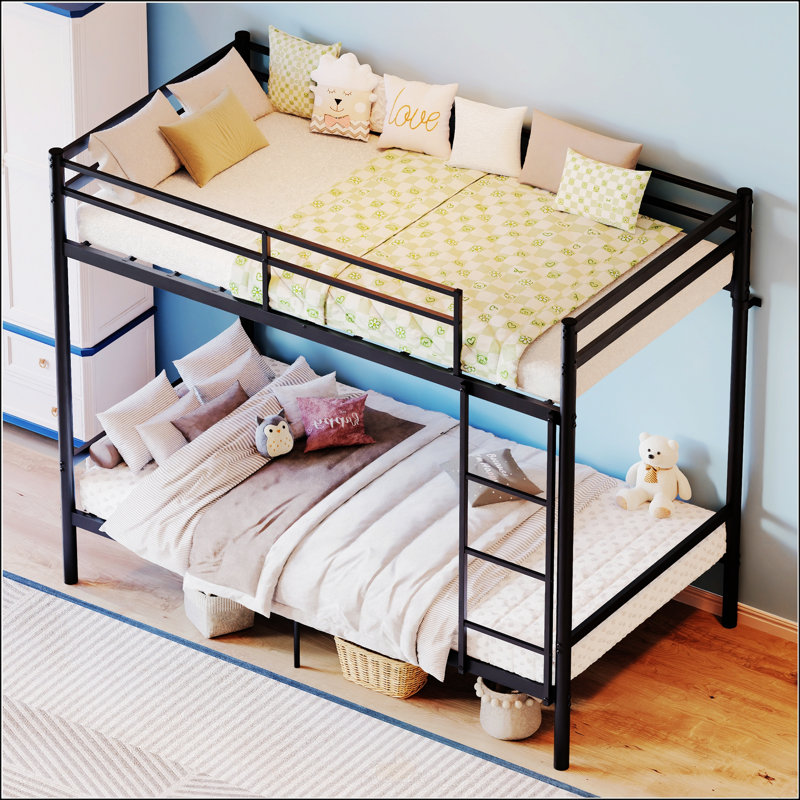 Lit superposé avec échelle et garde-corps haut, lit superposé en métal, espace de rangement, silencieux, lit simple au-dessus d'un lit simple, noir