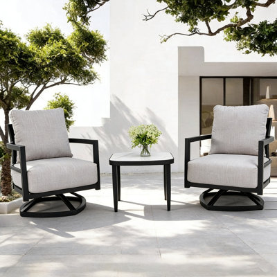 Mobilier de patio extérieur en aluminium, ensemble de conversation moderne avec chaise pivotante entièrement soudée, coussins Sunbrella, table d'appoint Elegance Arc 23,6 po avec plateau en pierre frittée d'inspiration marbre