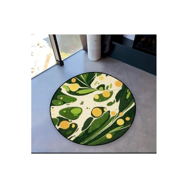 Green Abstract Marbling Patterned Round Woven Base Modern Decorative Carpet, Round 4'