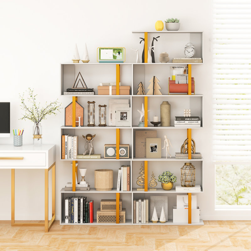 2 PCS Geometric Bookcase S-Shaped Bookshelf w/ Metal Frame Gold, (5 Shelves) 62"H x 27.5"W x 9.5"D