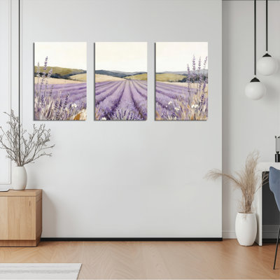 Lavender Field Landscape Canvas Wrapped Wall Art (Set of 3)