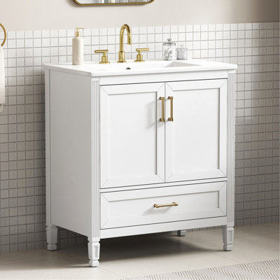 30" Elegant Fluted Bathroom Vanity with Ceramic Sink, Single Box Shipping, Solid Wood Legs, Soft-Close Doors & Drawer, Door Shelf