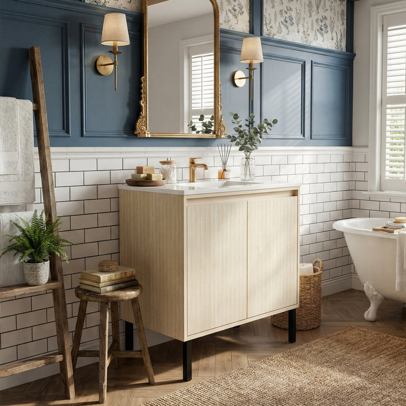 30" Convertible 2-In-1 Bathroom Vanity With Ceramic Sink, Wall-Mounted Or Floor-Standing Cabinet With Soft-Close Drawers (Walnut / Oak / Black)
