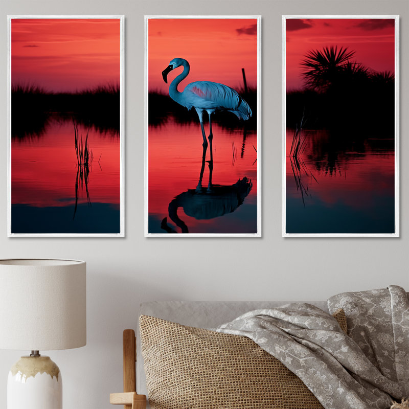 Flamant rose crépuscule I - ensemble d'art sur toile, Cadre flottant blanc, H 40 po x l 60 po