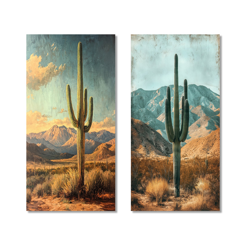 Cactus et les Collines du Désert I - Botanique, grande reproduction d'art murale en métal 2 pièces, 40" H x 40" W