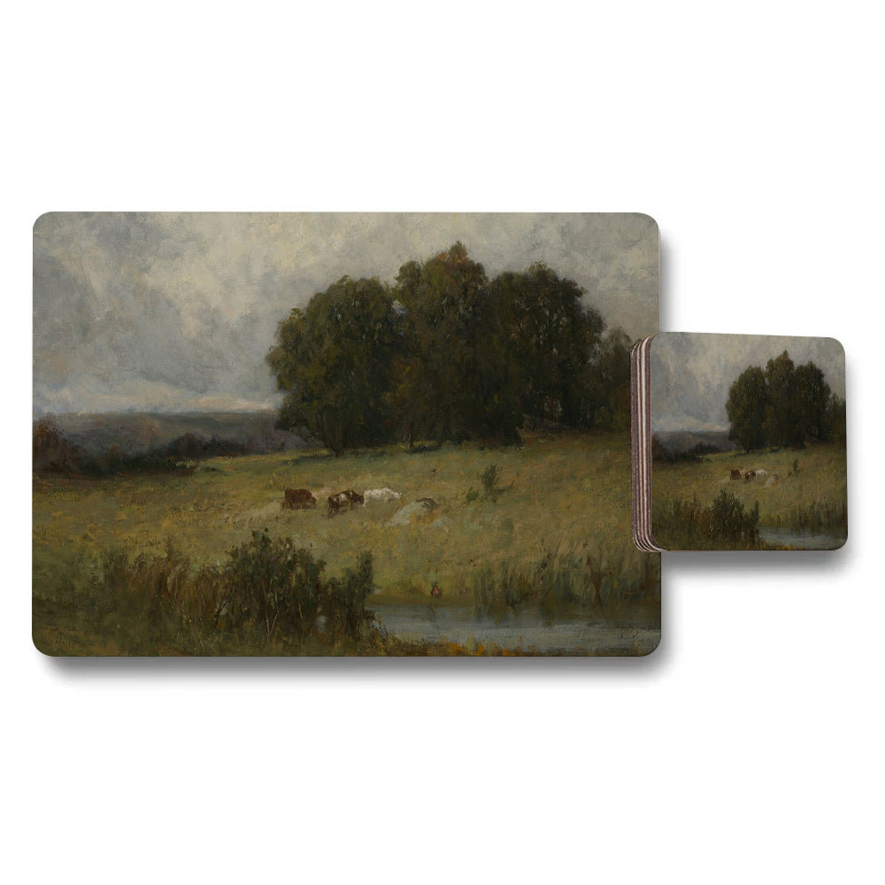 Pastoral Landscape Placemats And Coaster Set With Cattle Scene