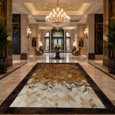 Handmade Ombre Cowhide Chevron Patchwork Rug, Luxury Geometric Leather Carpet