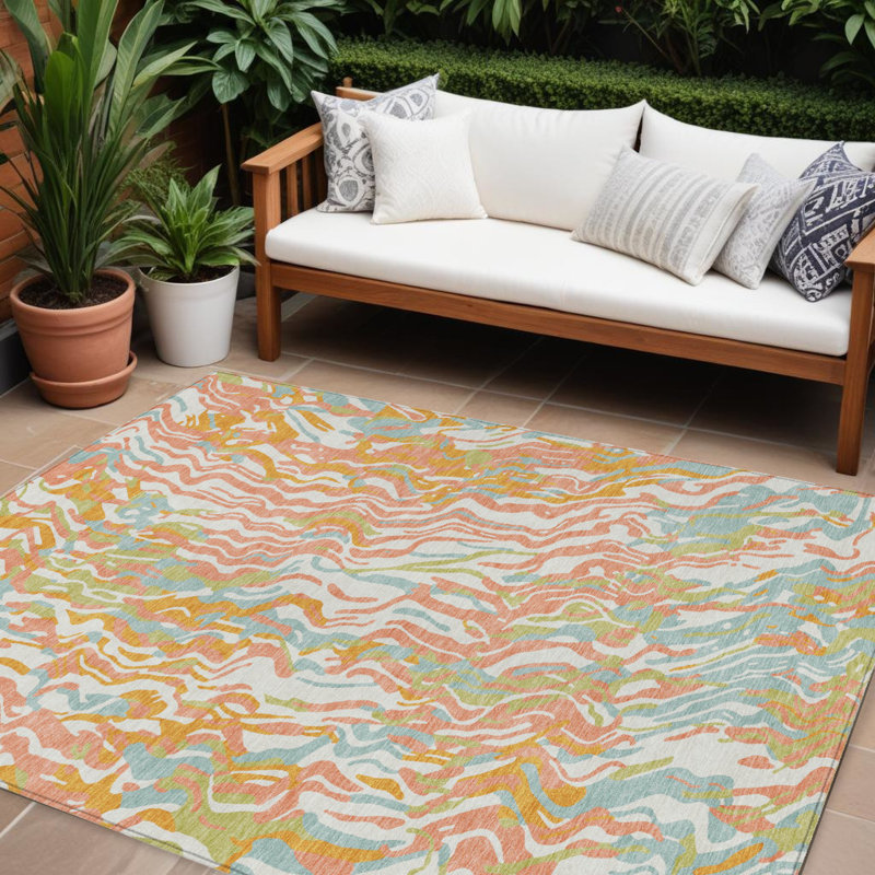 Tapis extérieur lavable abstrait vert corail et cuivre 10 pi x 14 pi