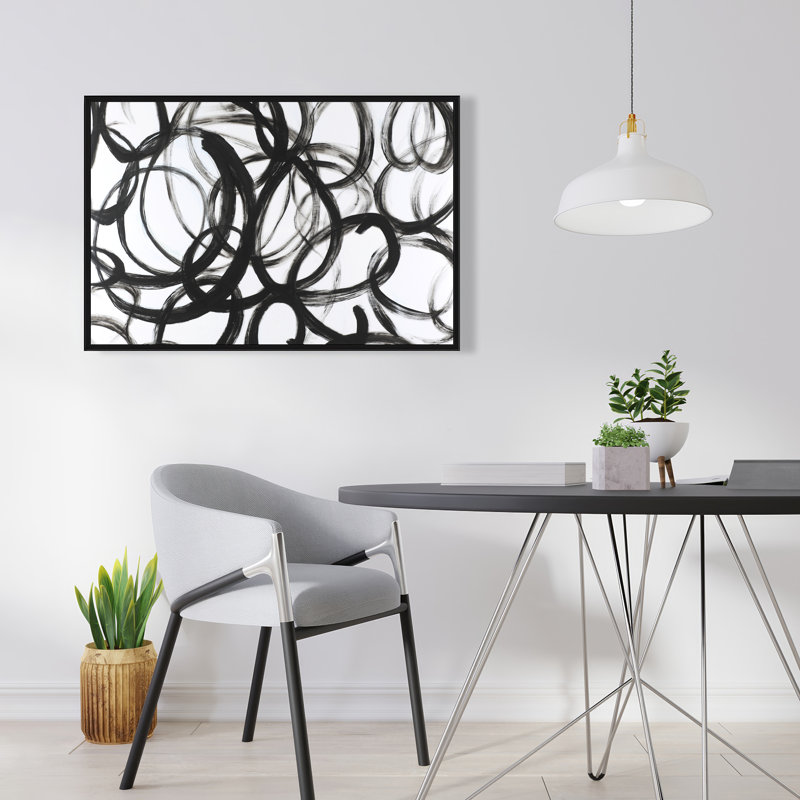 Abstract Curly Lines - Black & White Framed Canvas Art