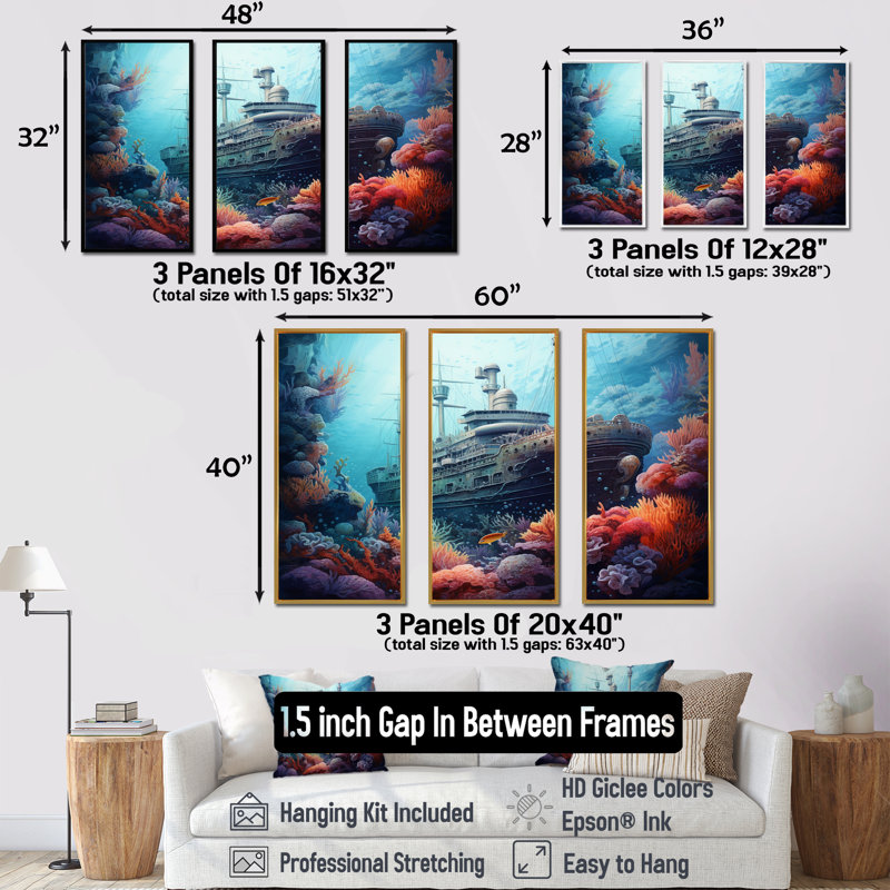 «Titanic Under Water Memory I» - ensemble d'art mural sur toile corail sous l'eau, Cadre naturel flottant