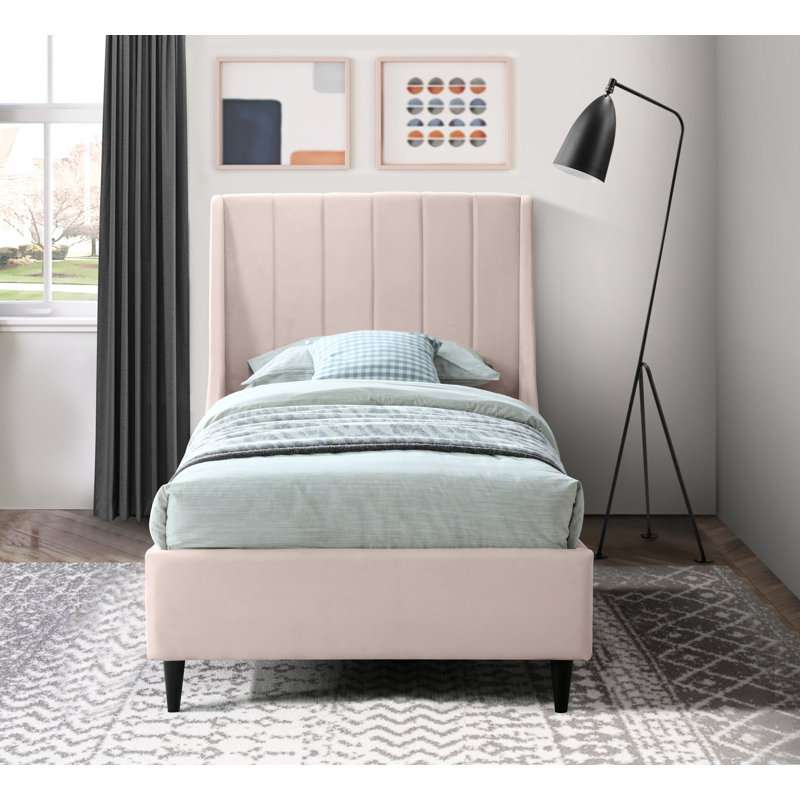 Eva Upholstered Low Profile Platform Bed, Pink Velvet, Twin